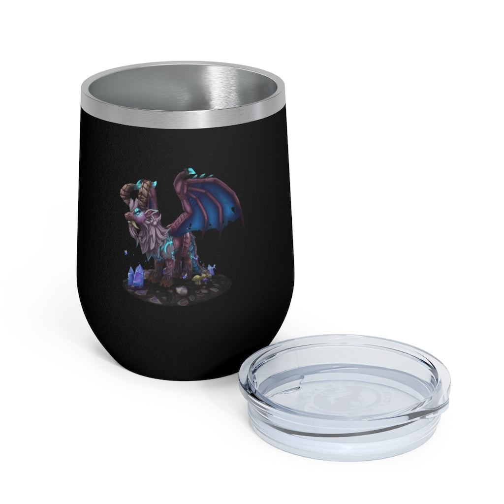 Deviant Dungeon Lurker 12oz insulated wine tumbler with clear lid, showcasing its sleek stainless steel design.