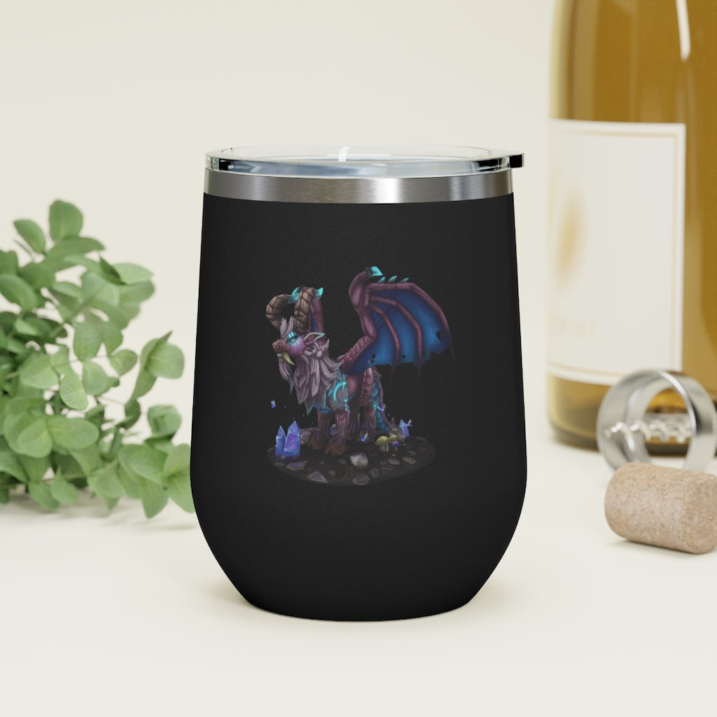 Deviant Dungeon Lurker 12oz insulated wine tumbler with clear lid, showcasing its sleek stainless steel design.