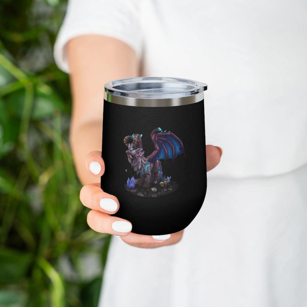 Deviant Dungeon Lurker 12oz insulated wine tumbler with clear lid, showcasing its sleek stainless steel design.