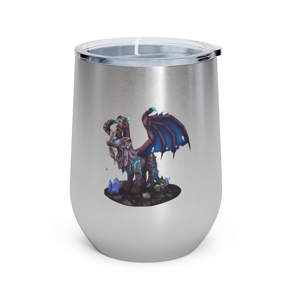 Deviant Dungeon Lurker 12oz insulated wine tumbler with clear lid, showcasing its sleek stainless steel design.