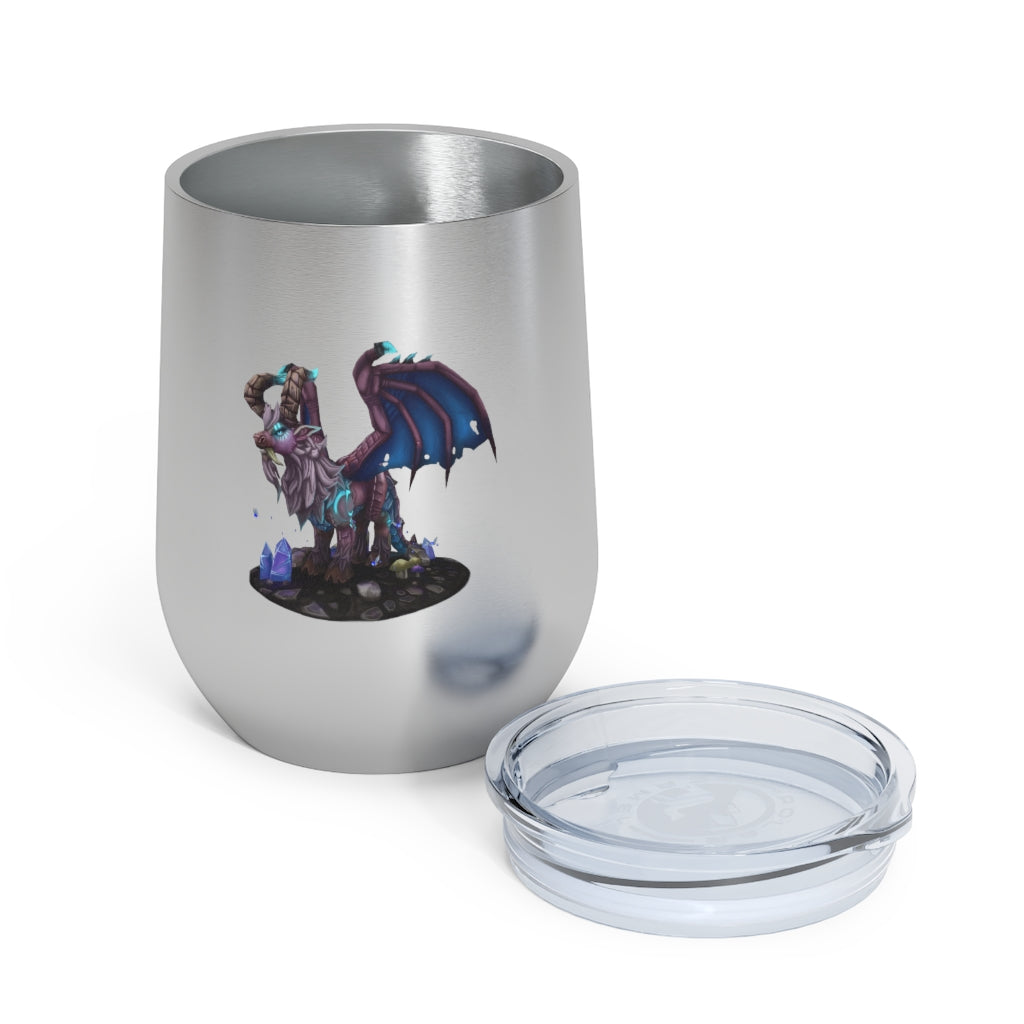 Deviant Dungeon Lurker 12oz insulated wine tumbler with clear lid, showcasing its sleek stainless steel design.