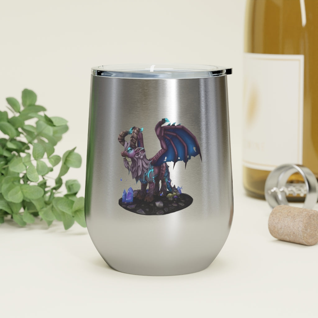 Deviant Dungeon Lurker 12oz insulated wine tumbler with clear lid, showcasing its sleek stainless steel design.