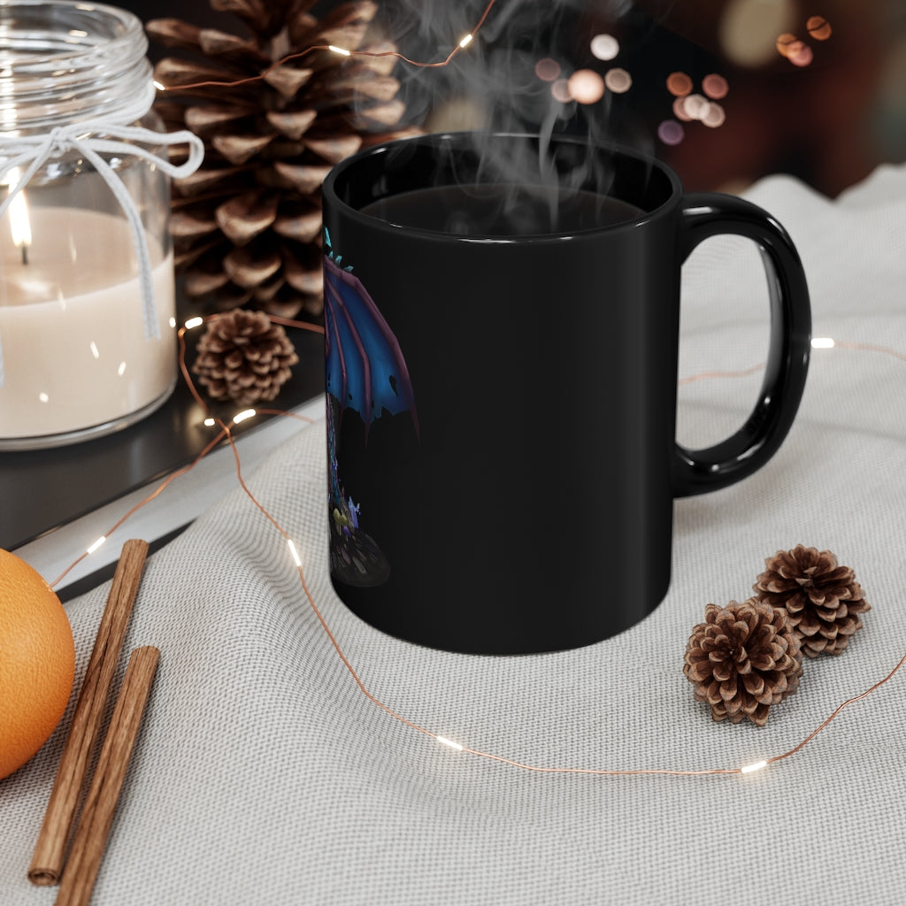 Deviant Dungeon Lurker Black mug, 11oz ceramic with full-wrap design, featuring rounded corners and a comfortable C-handle.