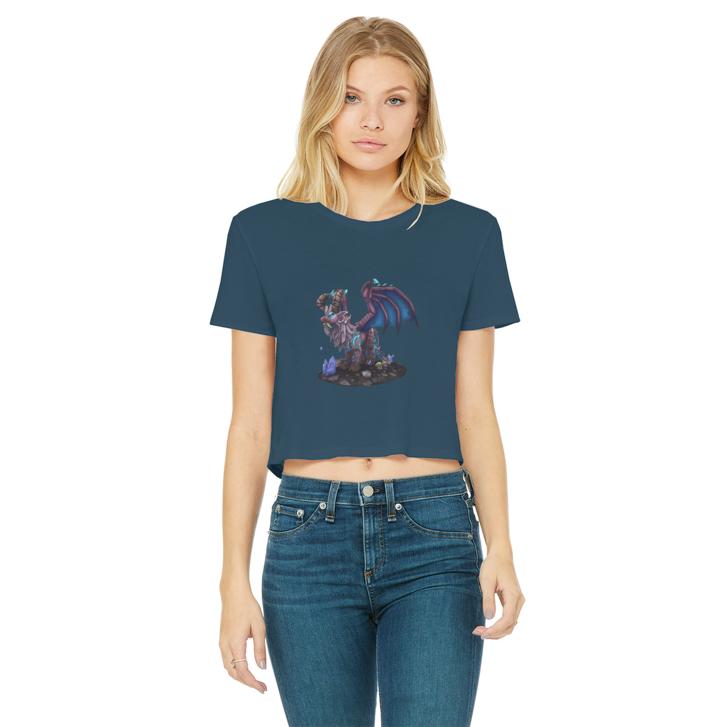 Deviant Dungeon Lurker Classic Women's Cropped Raw Edge T-Shirt in various colors with a stylish design.