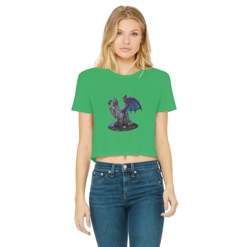 Deviant Dungeon Lurker Classic Women's Cropped Raw Edge T-Shirt in various colors with a stylish design.