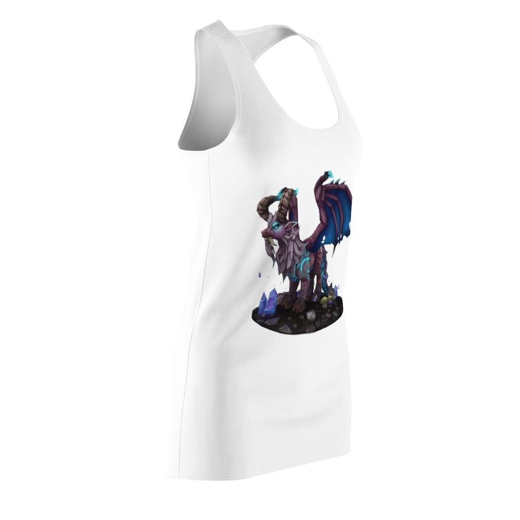 A stylish women's racerback dress featuring a vibrant Deviant Dungeon Lurker Dragon design, perfect for casual and formal occasions.