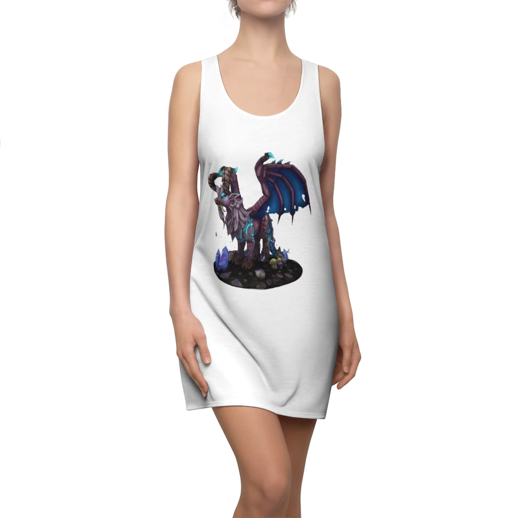 A stylish women's racerback dress featuring a vibrant Deviant Dungeon Lurker Dragon design, perfect for casual and formal occasions.