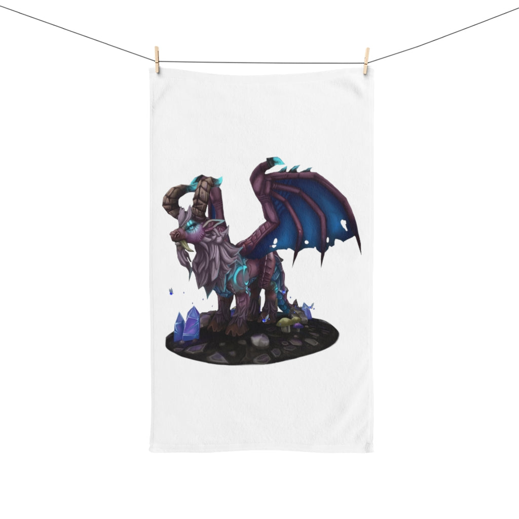 Deviant Dungeon Lurker Hand Towel featuring a vibrant design on a polyester front and soft cotton back, ideal for bathroom decor.