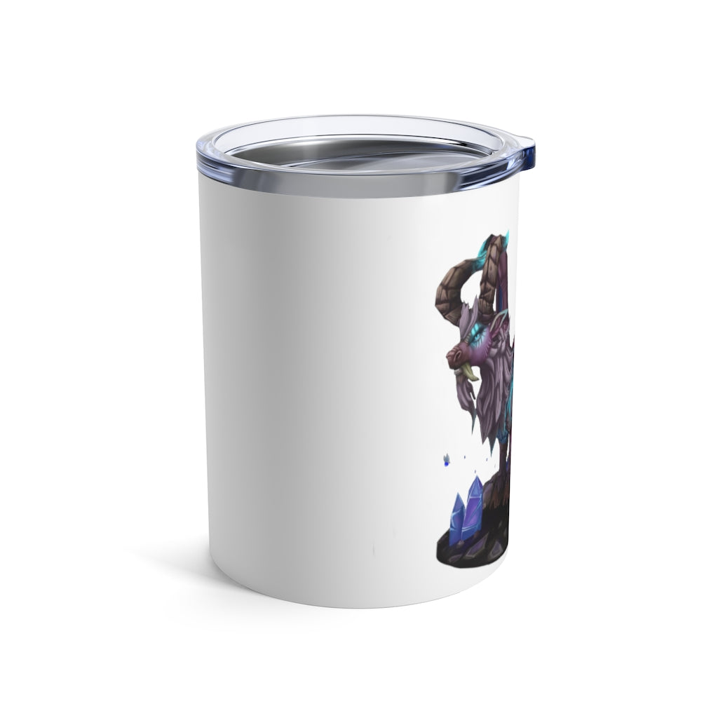 Deviant Dungeon Lurker Tumbler 10oz in stainless steel with a see-thru plastic lid, showcasing its sleek design and rounded corners.