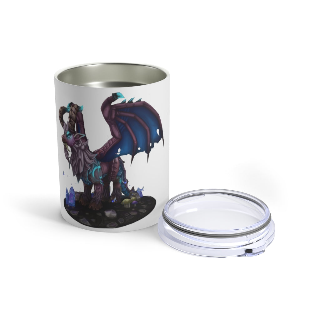 Deviant Dungeon Lurker Tumbler 10oz in stainless steel with a see-thru plastic lid, showcasing its sleek design and rounded corners.