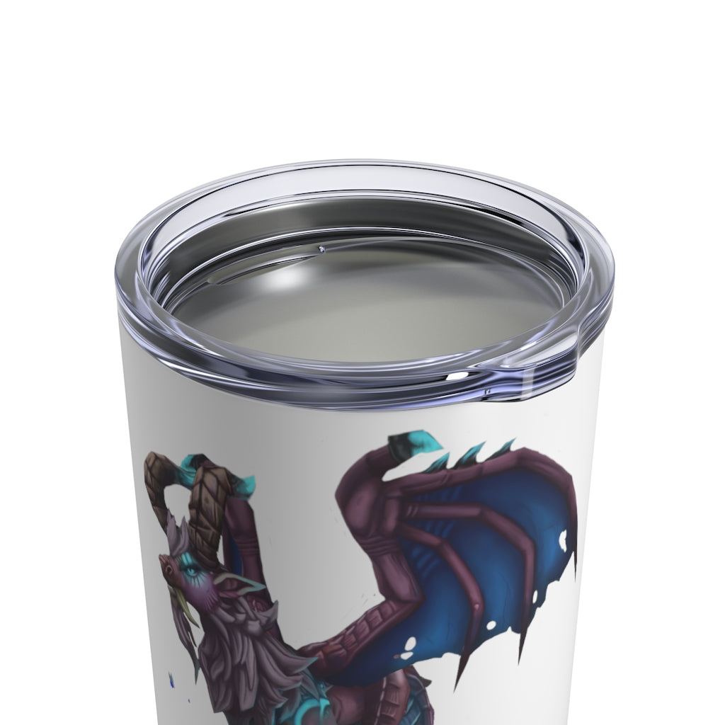 Deviant Dungeon Lurker Tumbler 10oz in stainless steel with a see-thru plastic lid, showcasing its sleek design and rounded corners.