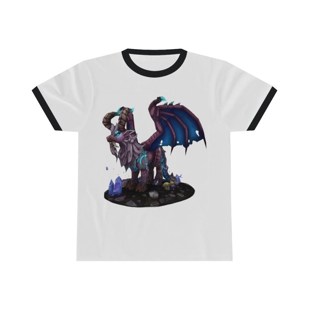 Deviant Dungeon Lurker Unisex Ringer Tee showcasing its stylish design and vibrant colors.