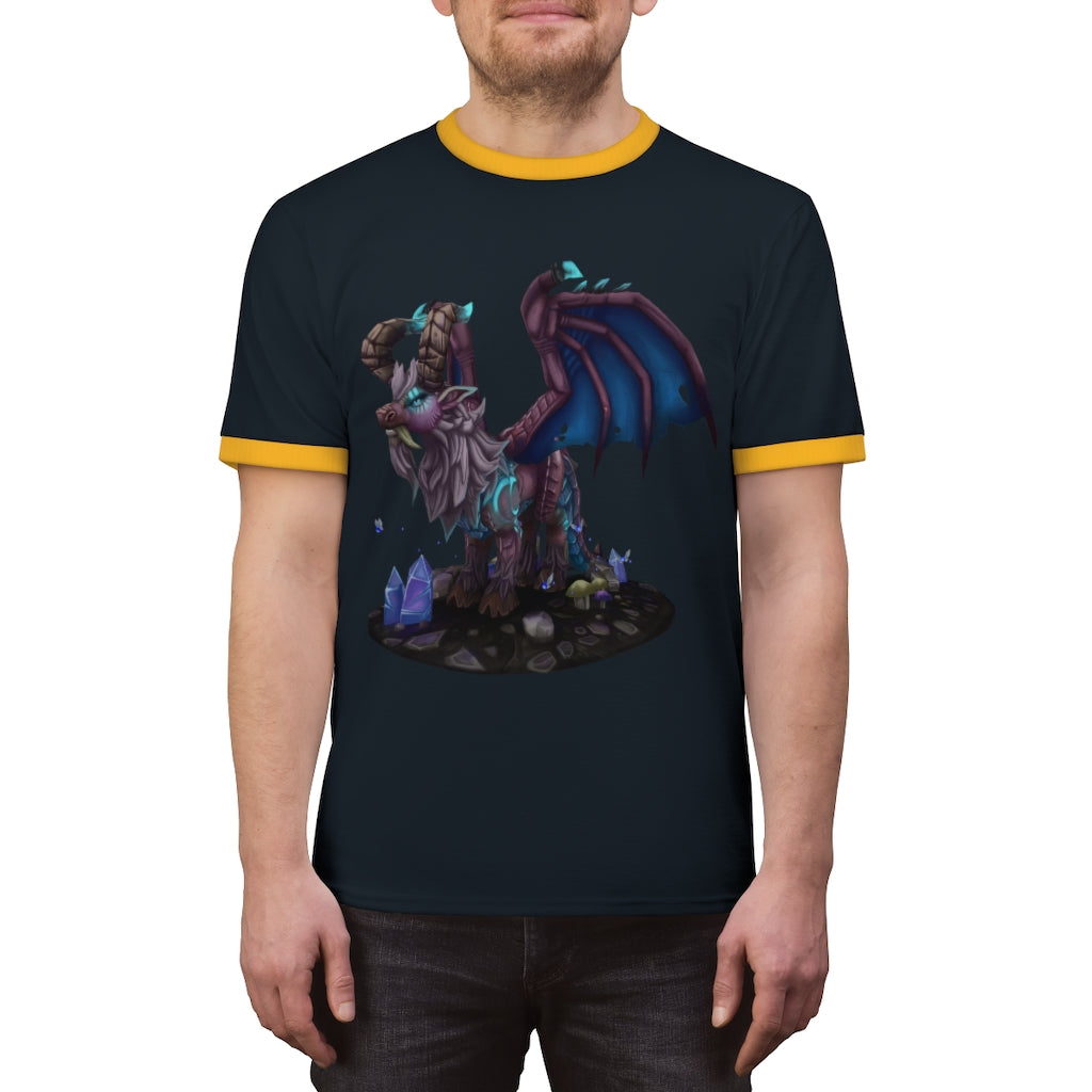 Deviant Dungeon Lurker Unisex Ringer Tee showcasing its stylish design and vibrant colors.