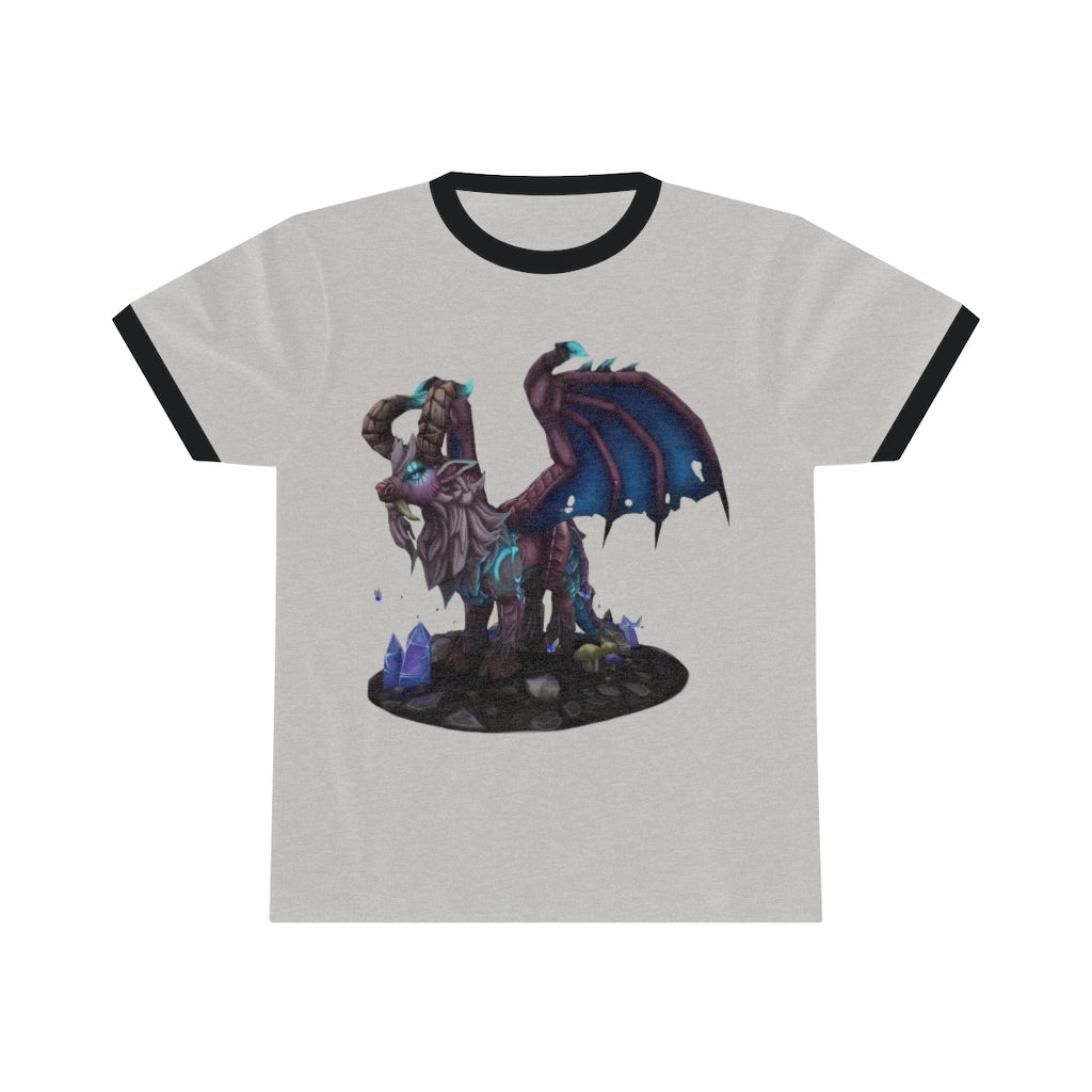 Deviant Dungeon Lurker Unisex Ringer Tee showcasing its stylish design and vibrant colors.