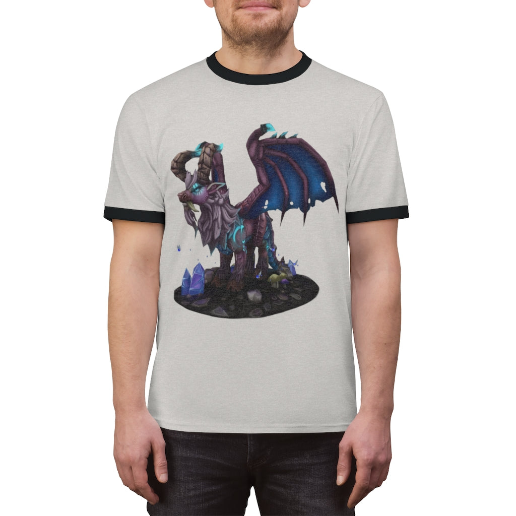 Deviant Dungeon Lurker Unisex Ringer Tee showcasing its stylish design and vibrant colors.