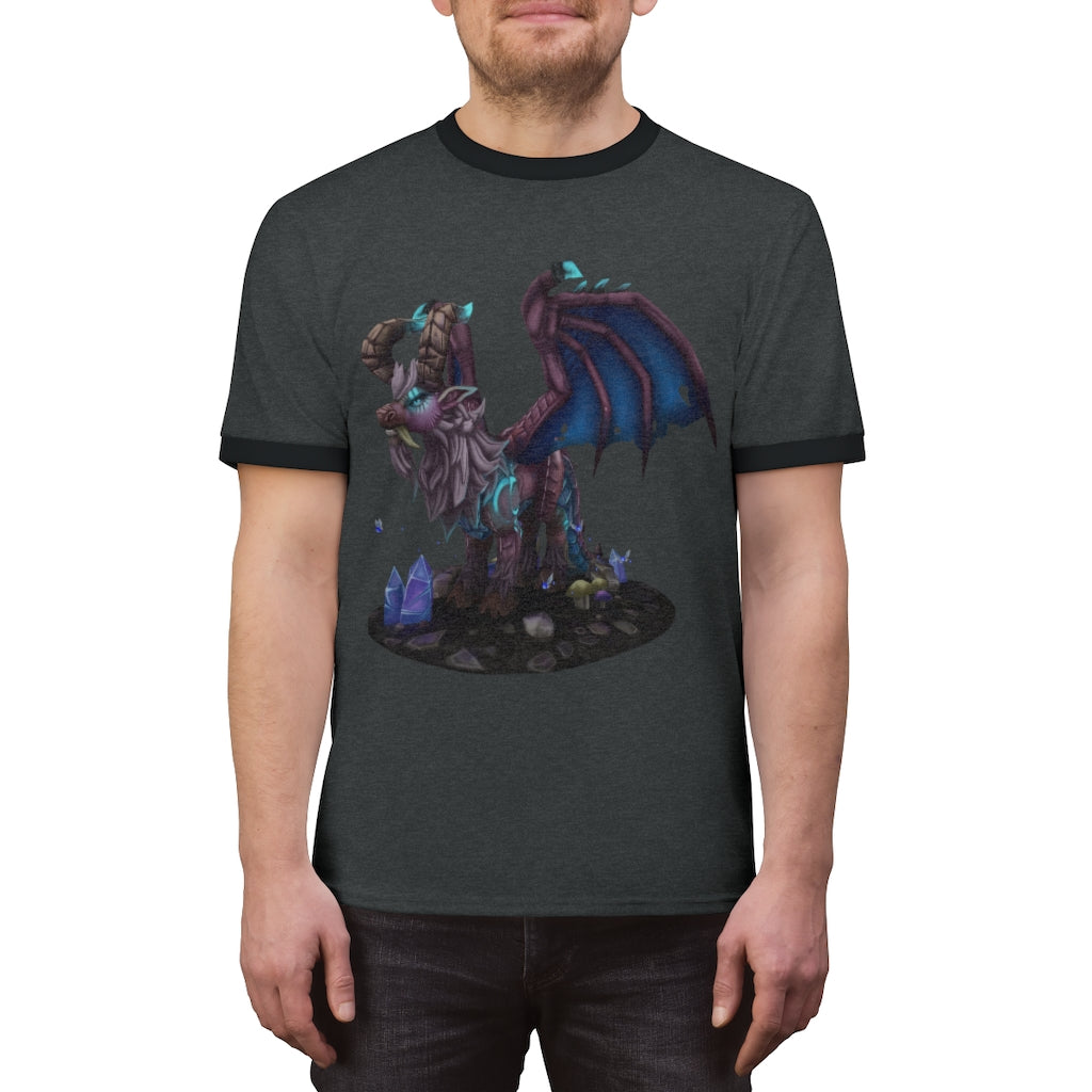 Deviant Dungeon Lurker Unisex Ringer Tee showcasing its stylish design and vibrant colors.