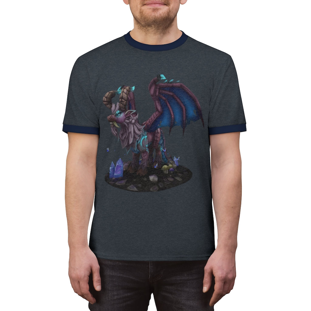 Deviant Dungeon Lurker Unisex Ringer Tee showcasing its stylish design and vibrant colors.