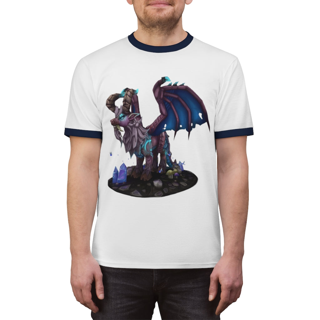 Deviant Dungeon Lurker Unisex Ringer Tee showcasing its stylish design and vibrant colors.