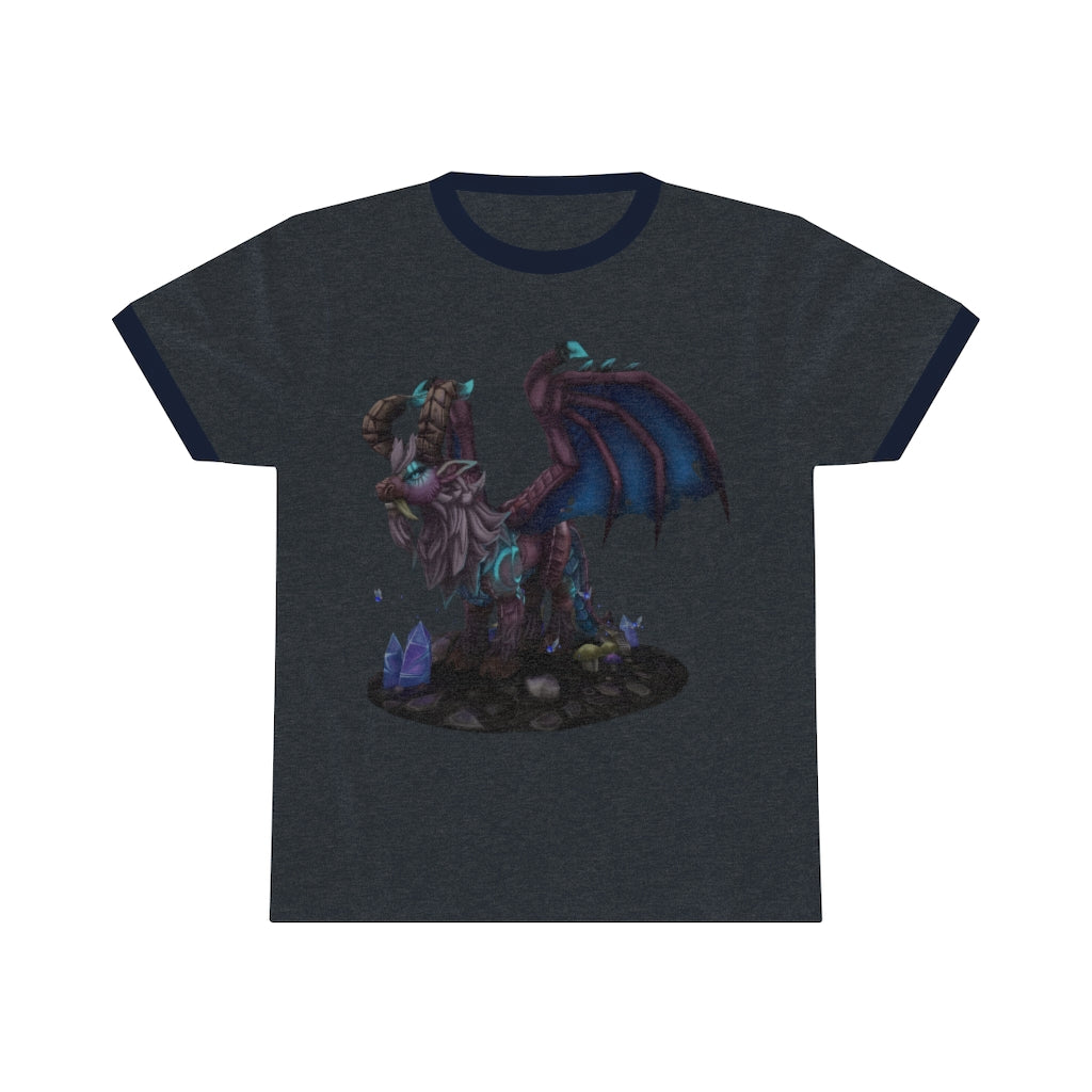 Deviant Dungeon Lurker Unisex Ringer Tee showcasing its stylish design and vibrant colors.