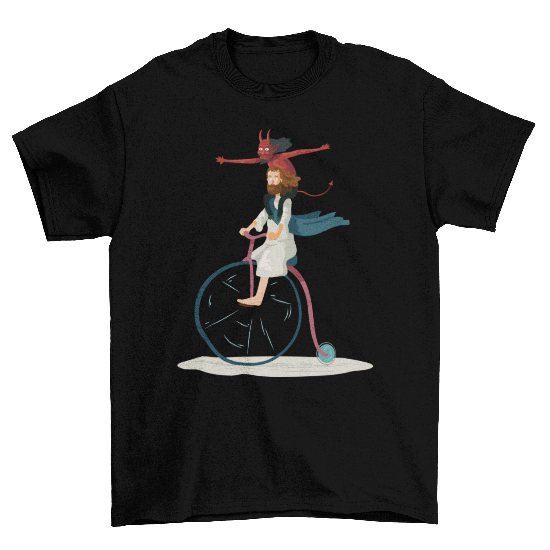 Devil and Jesus T-Shirt featuring a colorful illustration of the devil and Jesus riding a bike together as friends.