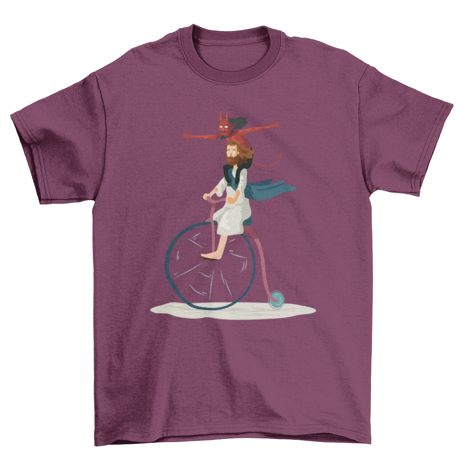 Devil and Jesus T-Shirt featuring a colorful illustration of the devil and Jesus riding a bike together as friends.