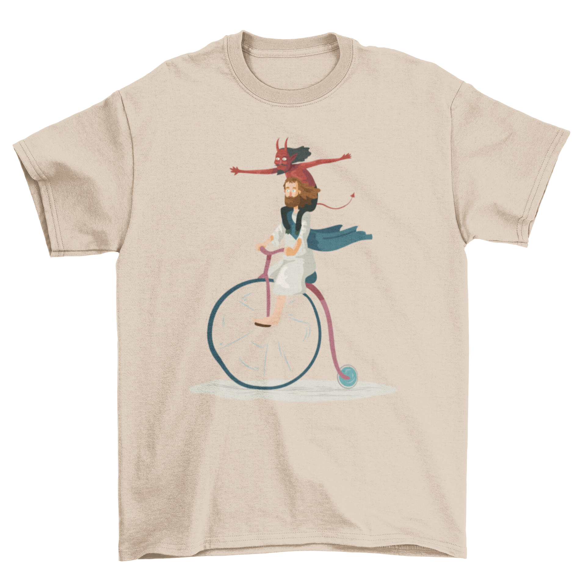 Devil and Jesus T-Shirt featuring a colorful illustration of the devil and Jesus riding a bike together as friends.