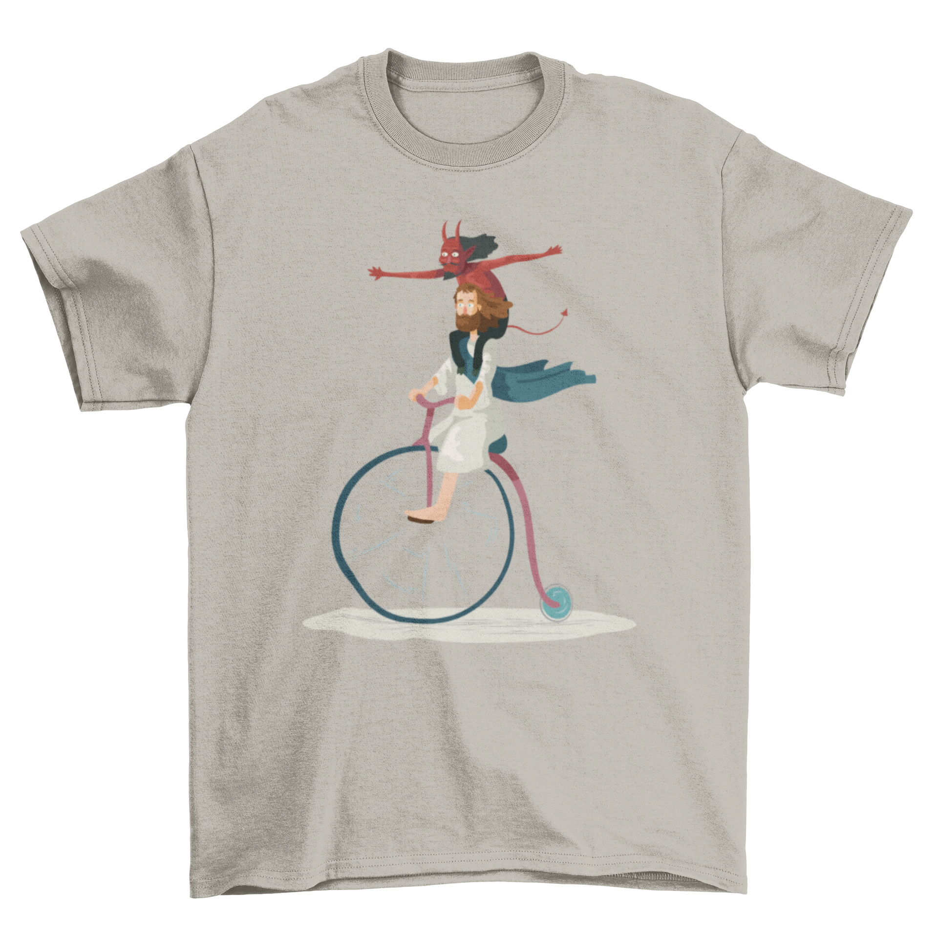 Devil and Jesus T-Shirt featuring a colorful illustration of the devil and Jesus riding a bike together as friends.