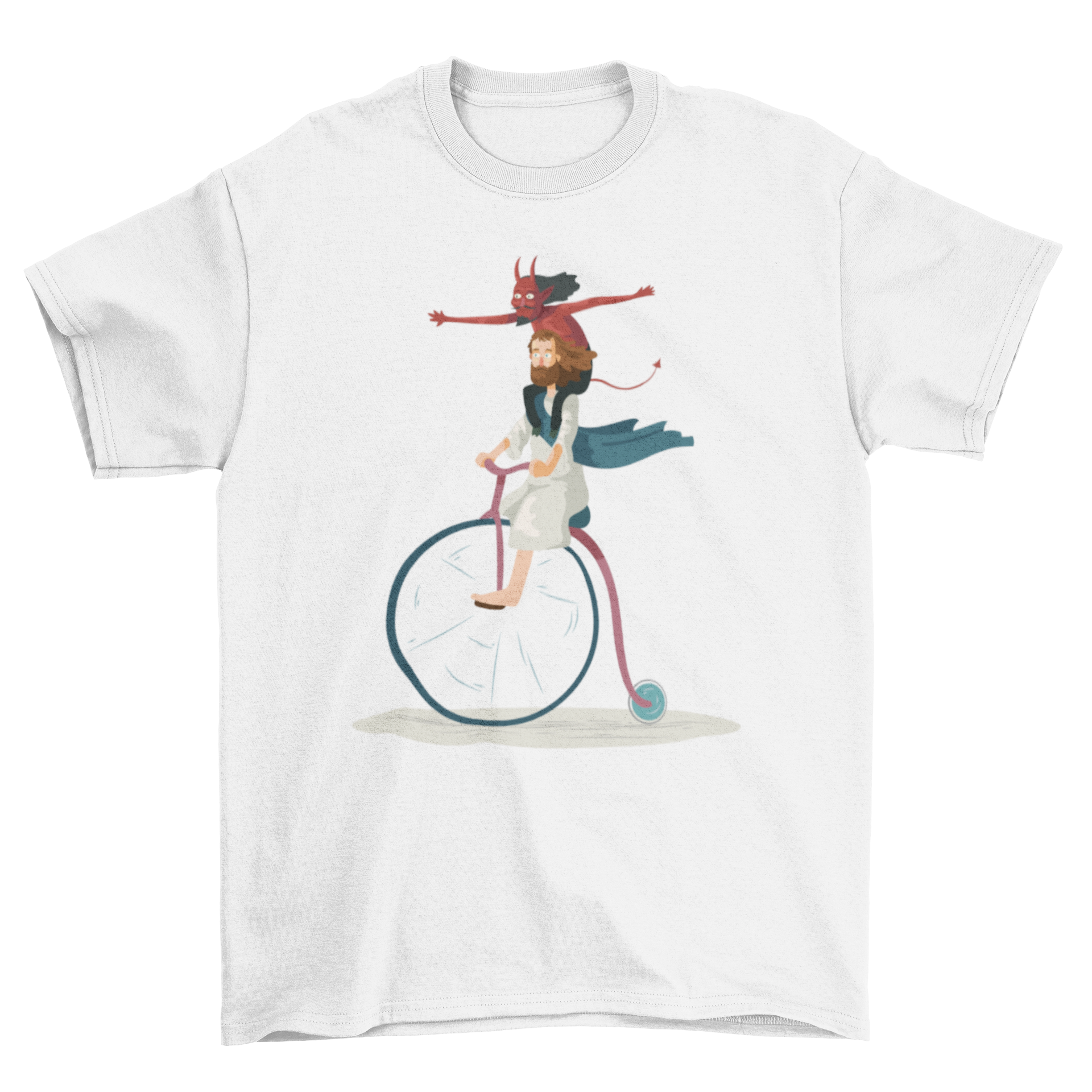 Devil and Jesus T-Shirt featuring a colorful illustration of the devil and Jesus riding a bike together as friends.