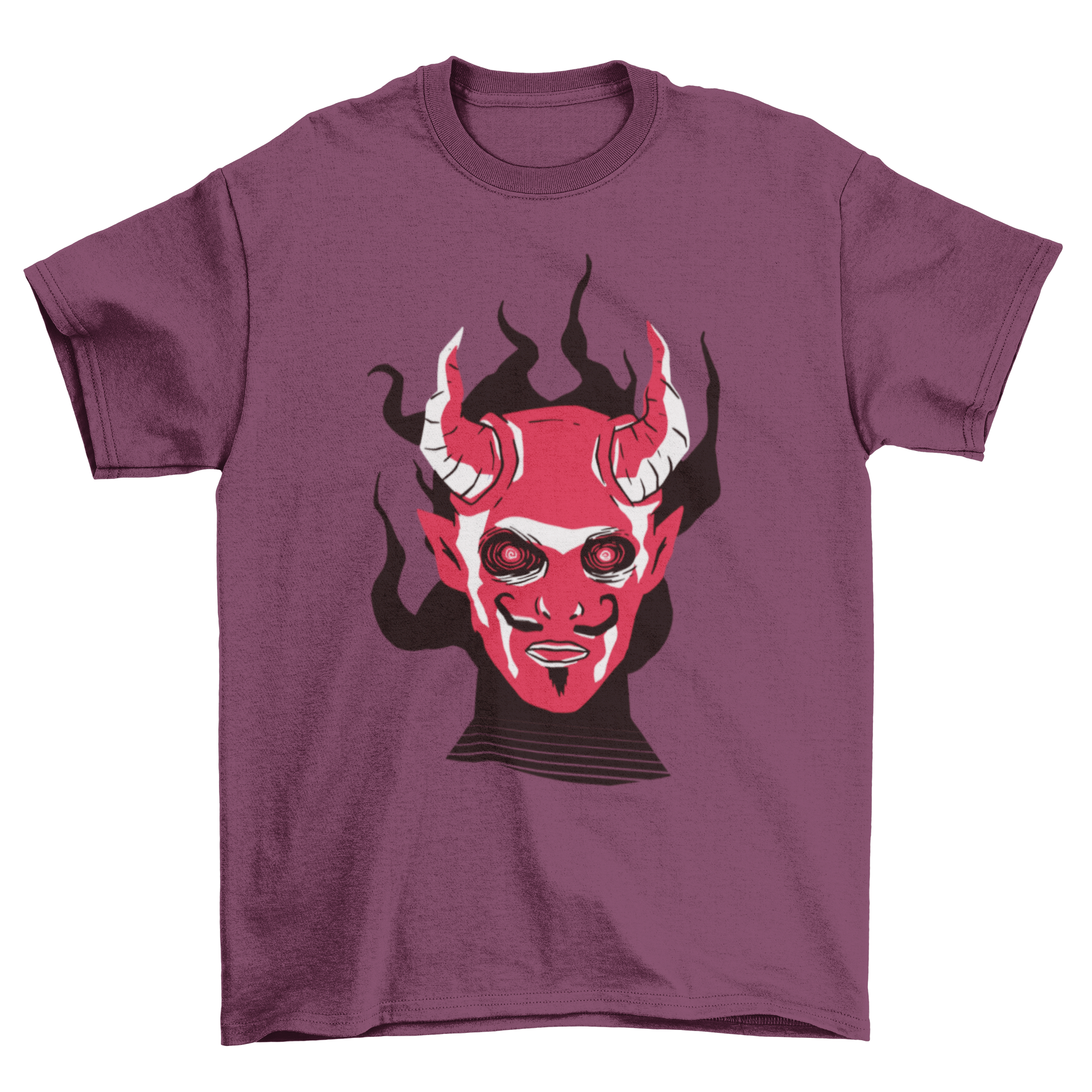 A black t-shirt featuring a vibrant illustration of a devil face, perfect for Halloween celebrations.