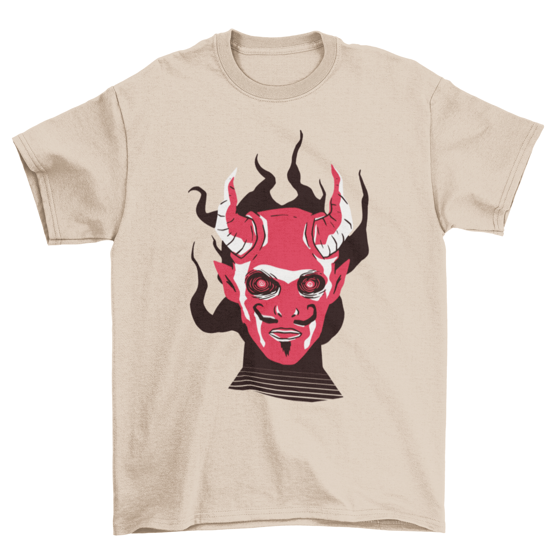 A black t-shirt featuring a vibrant illustration of a devil face, perfect for Halloween celebrations.