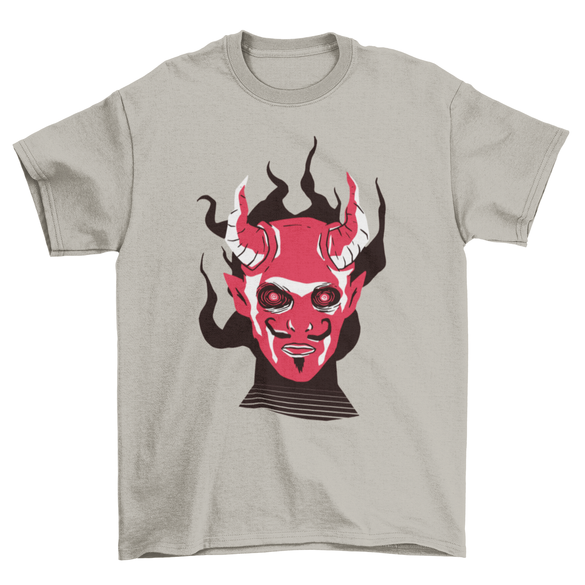 A black t-shirt featuring a vibrant illustration of a devil face, perfect for Halloween celebrations.