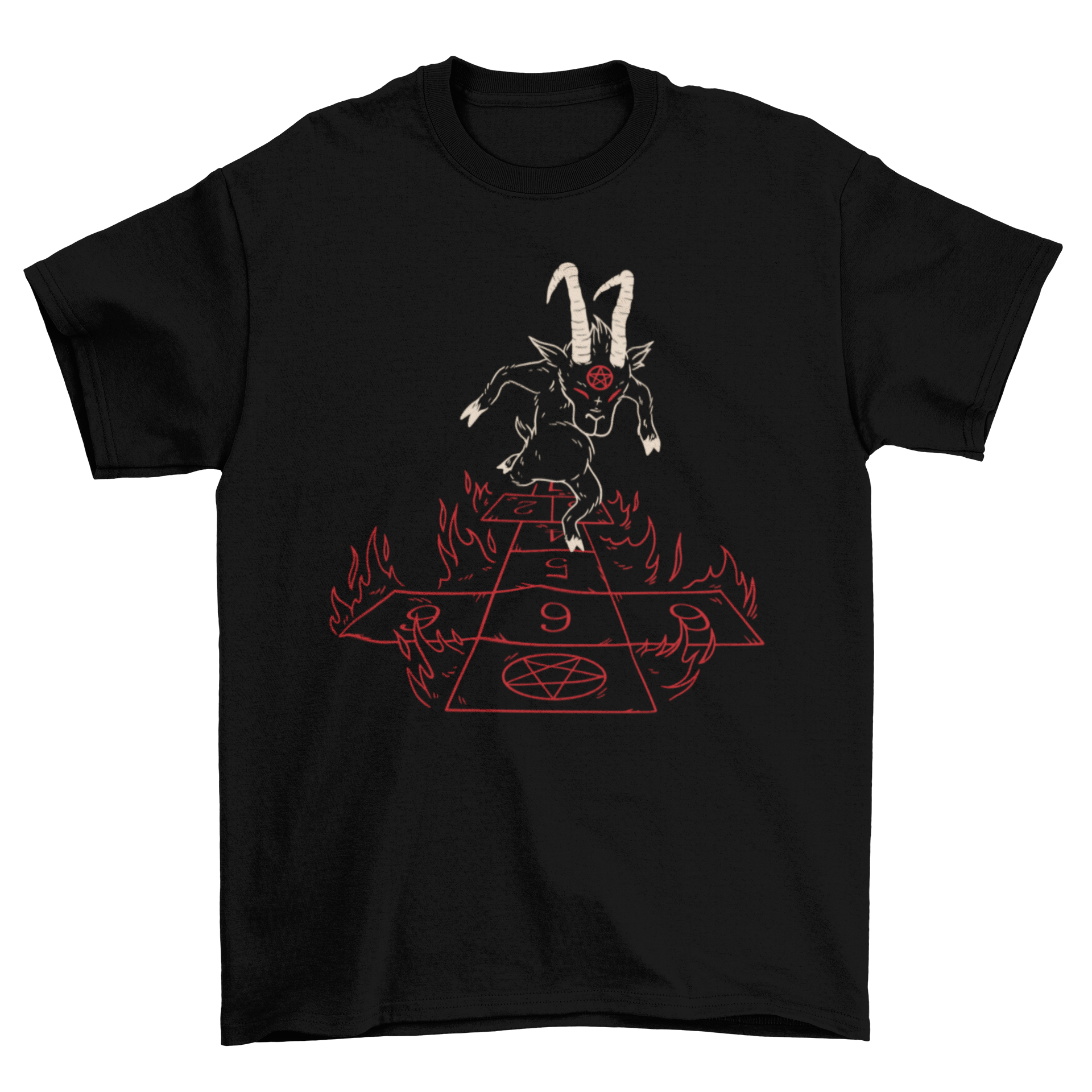 Devil Hopscotch T-shirt featuring a demon satyr playing hopscotch in vibrant colors.