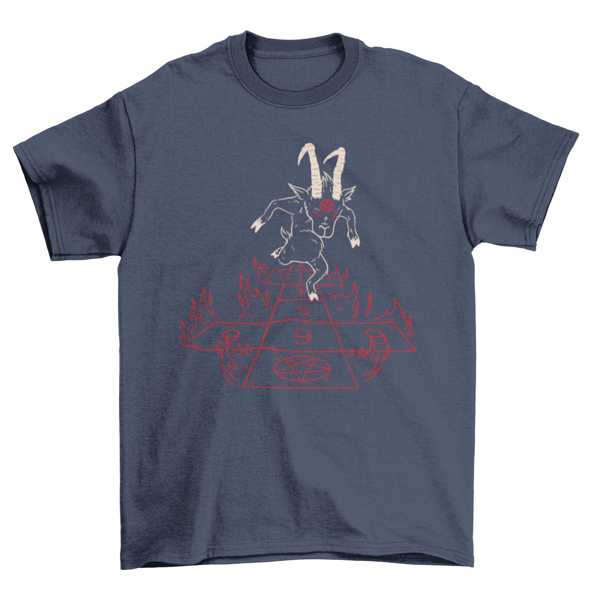 Devil Hopscotch T-shirt featuring a demon satyr playing hopscotch in vibrant colors.