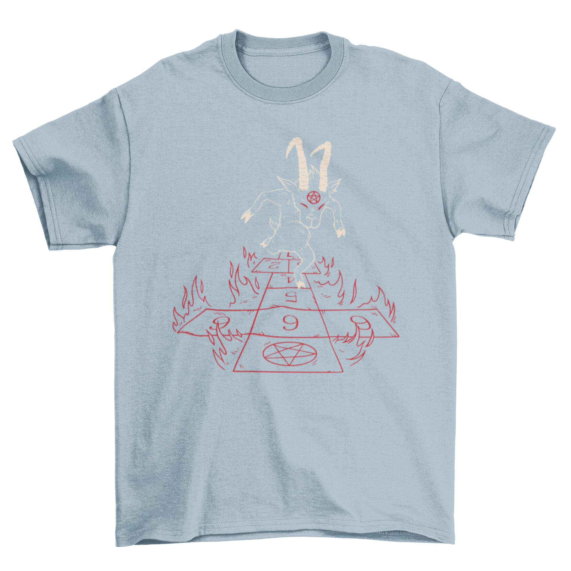 Devil Hopscotch T-shirt featuring a demon satyr playing hopscotch in vibrant colors.