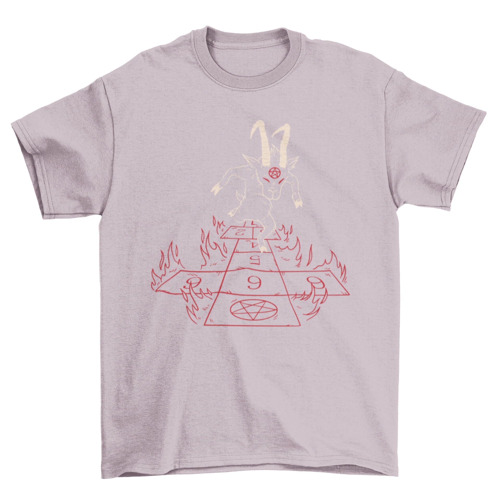 Devil Hopscotch T-shirt featuring a demon satyr playing hopscotch in vibrant colors.