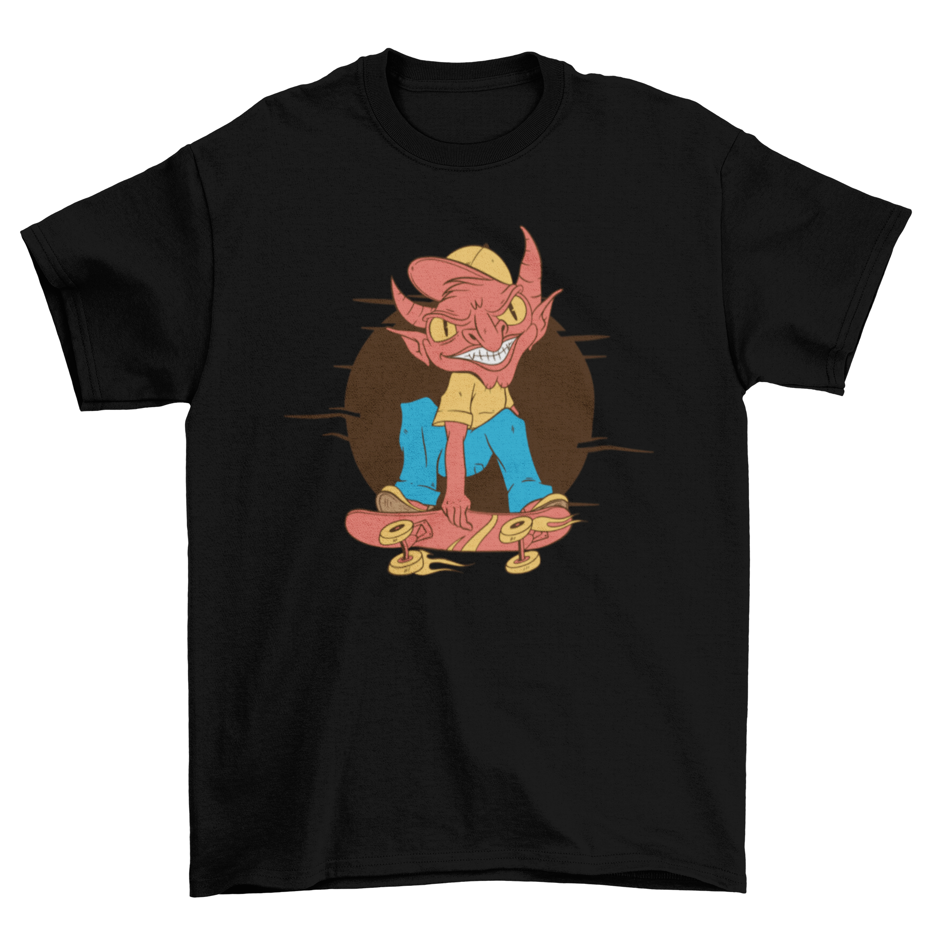 A stylish devil skating t-shirt featuring a vibrant illustration of a demon on a skateboard.