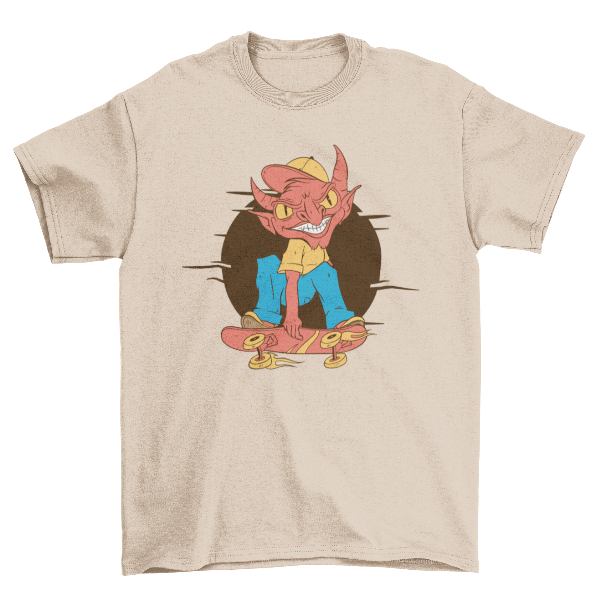 A stylish devil skating t-shirt featuring a vibrant illustration of a demon on a skateboard.