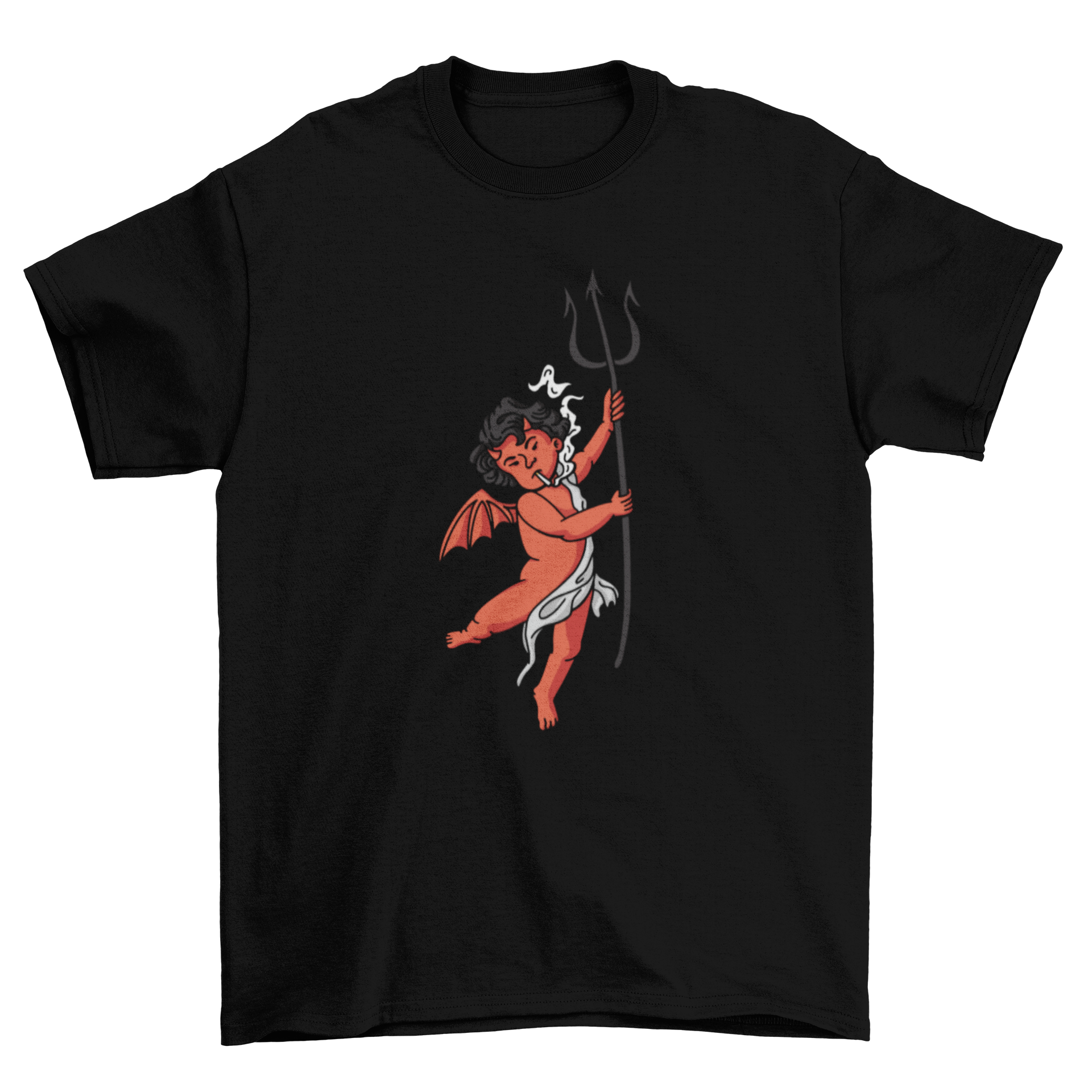 A stylish t-shirt featuring a devil illustration smoking a cigarette, showcasing a bold and edgy design.