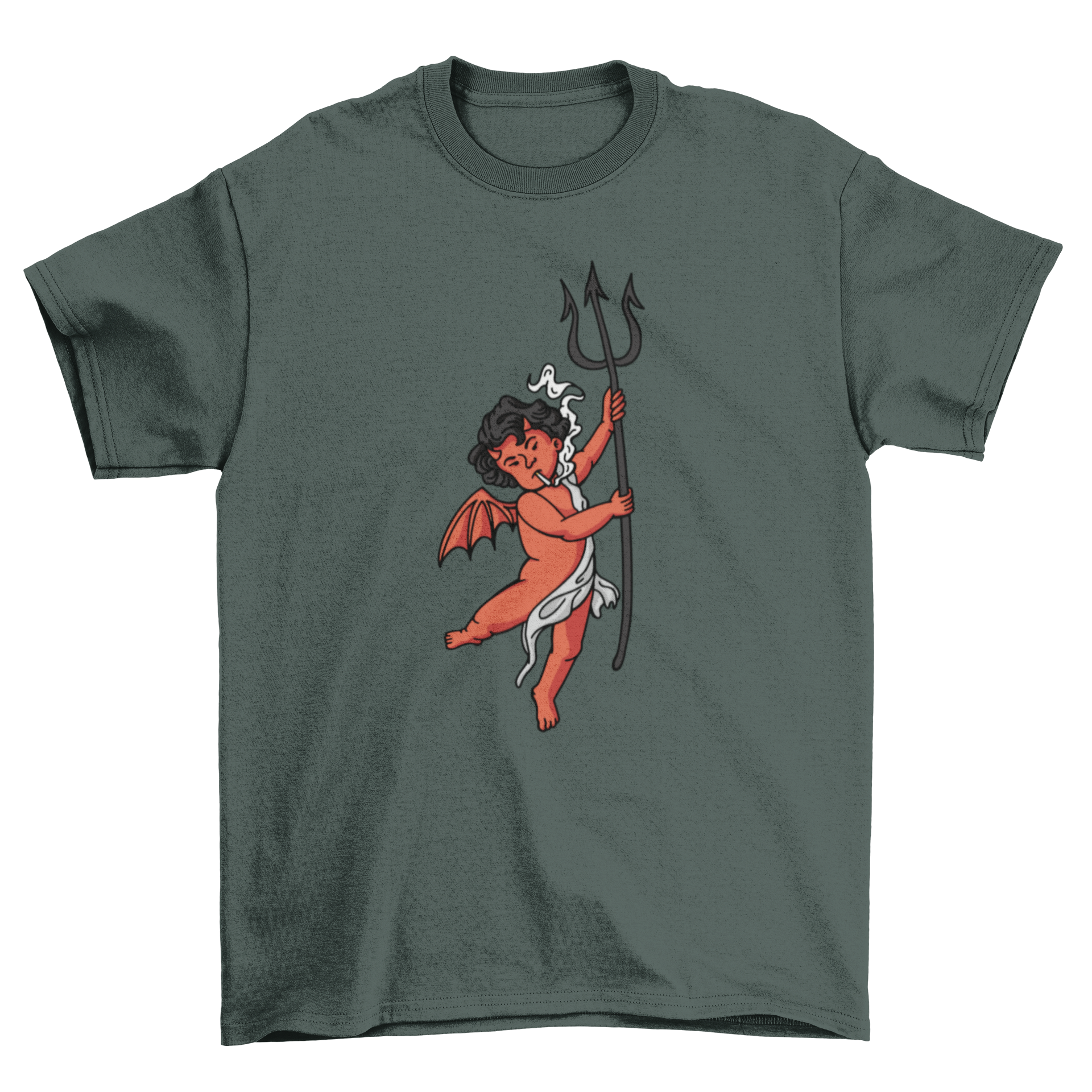 A stylish t-shirt featuring a devil illustration smoking a cigarette, showcasing a bold and edgy design.