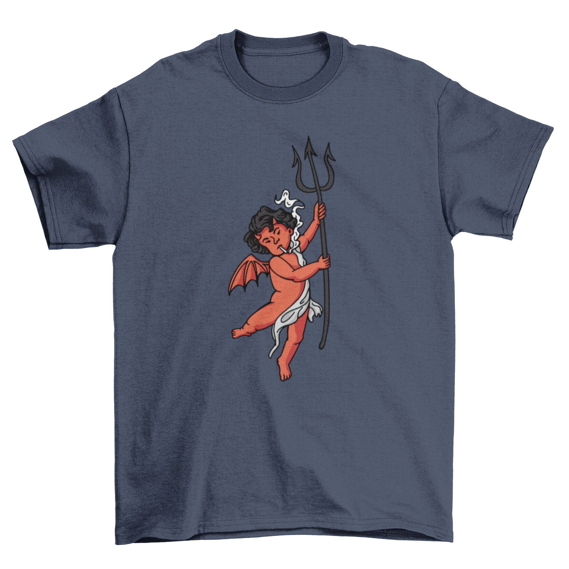 A stylish t-shirt featuring a devil illustration smoking a cigarette, showcasing a bold and edgy design.