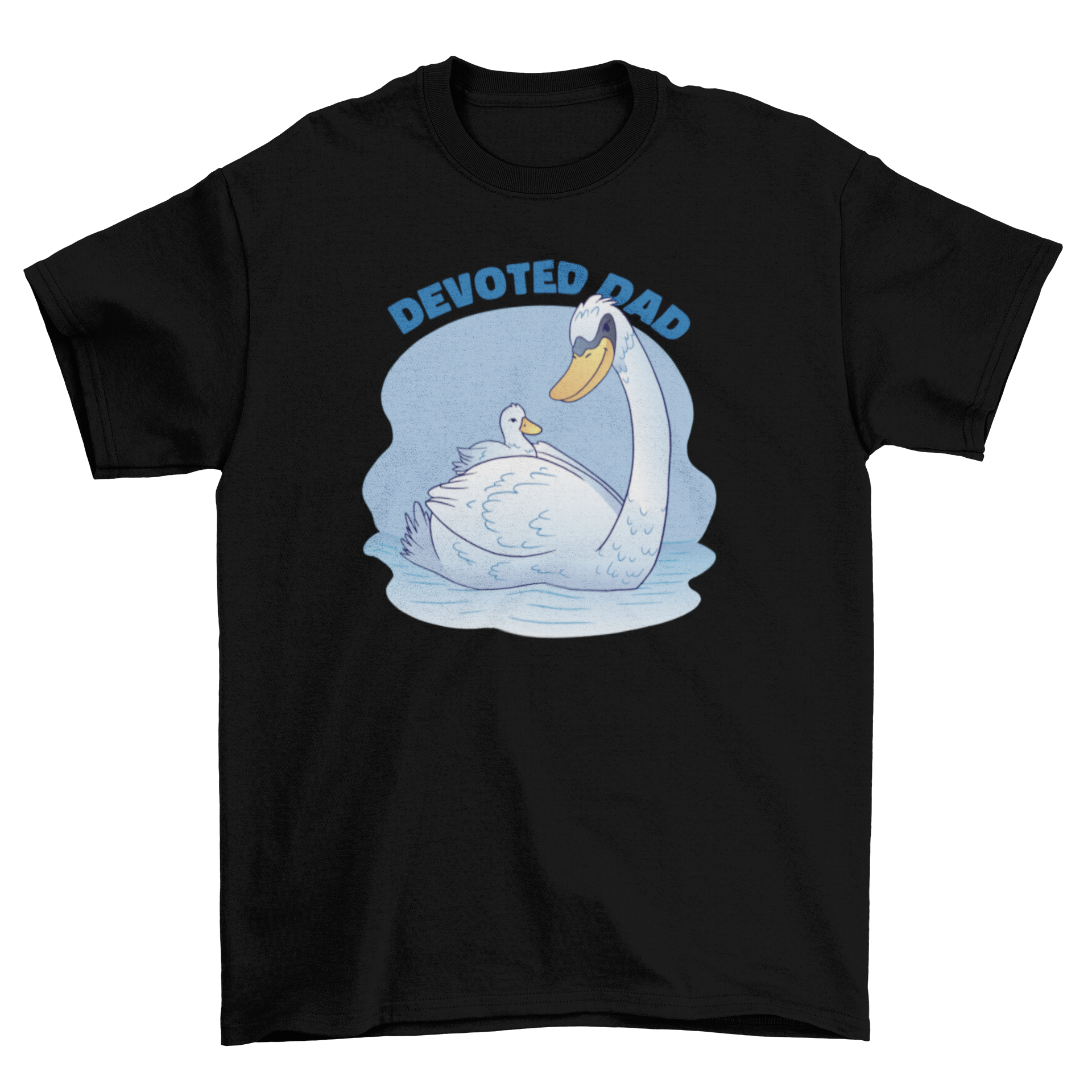 Devoted dad swan t-shirt featuring a swan and its baby, symbolizing love and devotion in fatherhood.