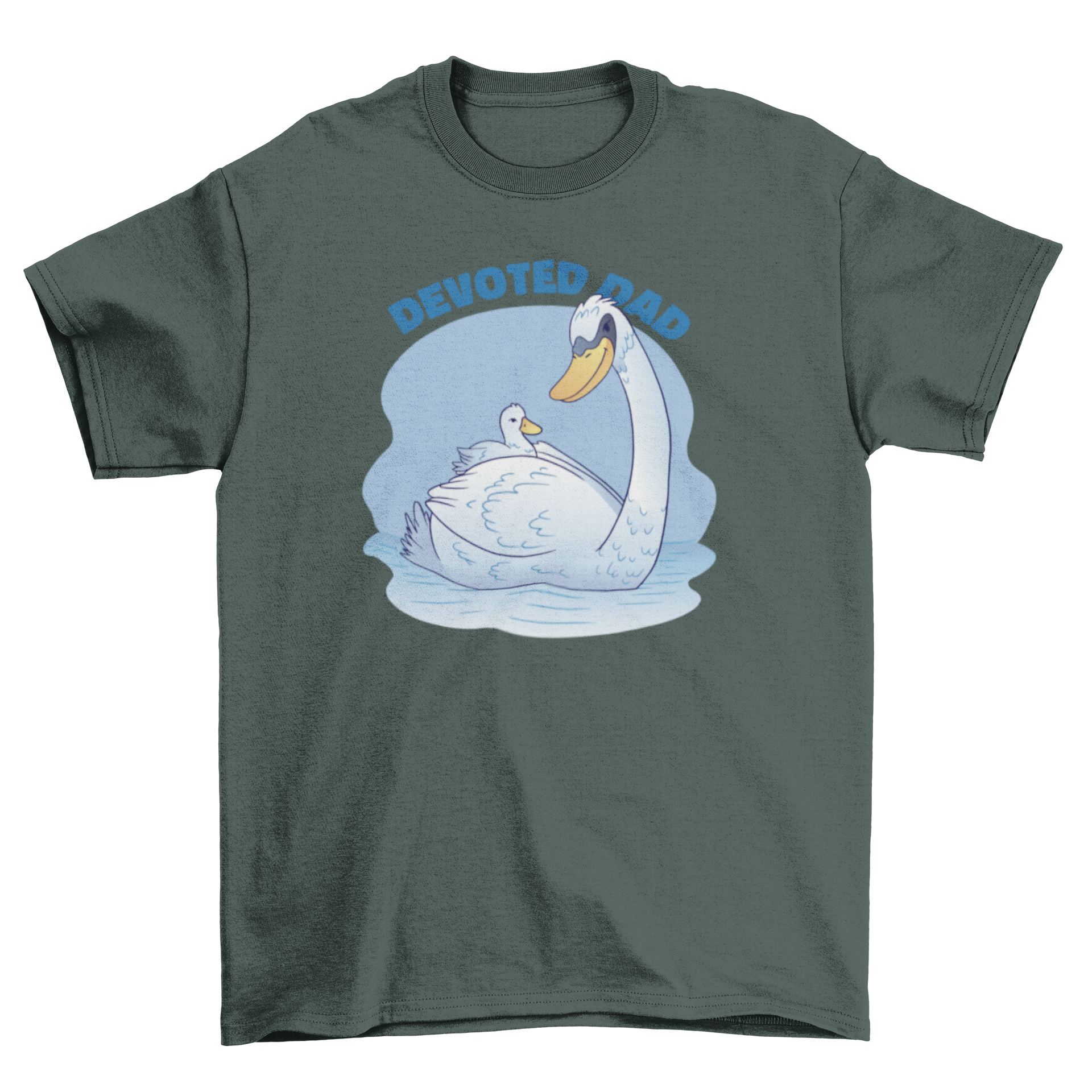 Devoted dad swan t-shirt featuring a swan and its baby, symbolizing love and devotion in fatherhood.