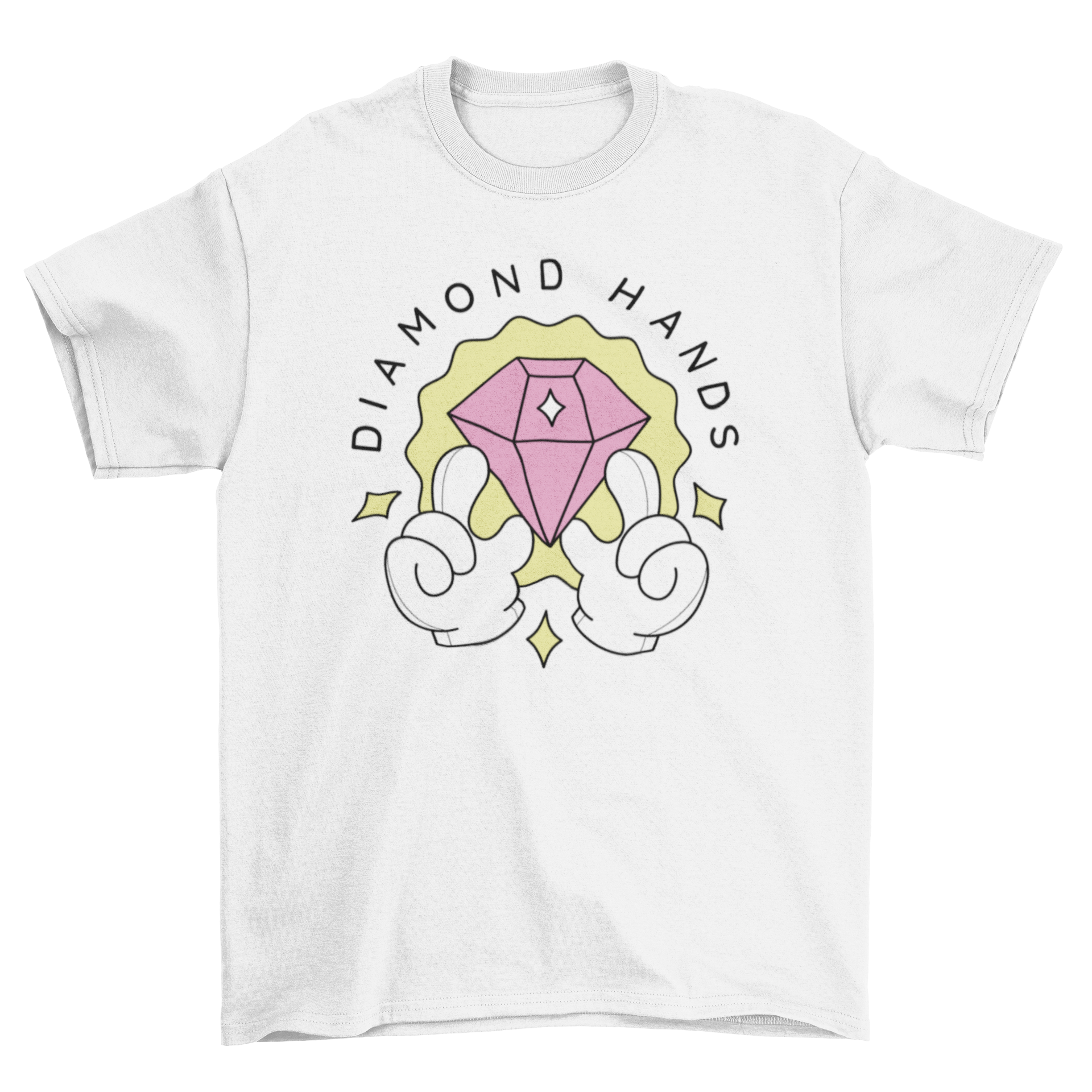 A cute t-shirt featuring cartoon hands holding a shining diamond with the quote 'diamond hands' printed below.