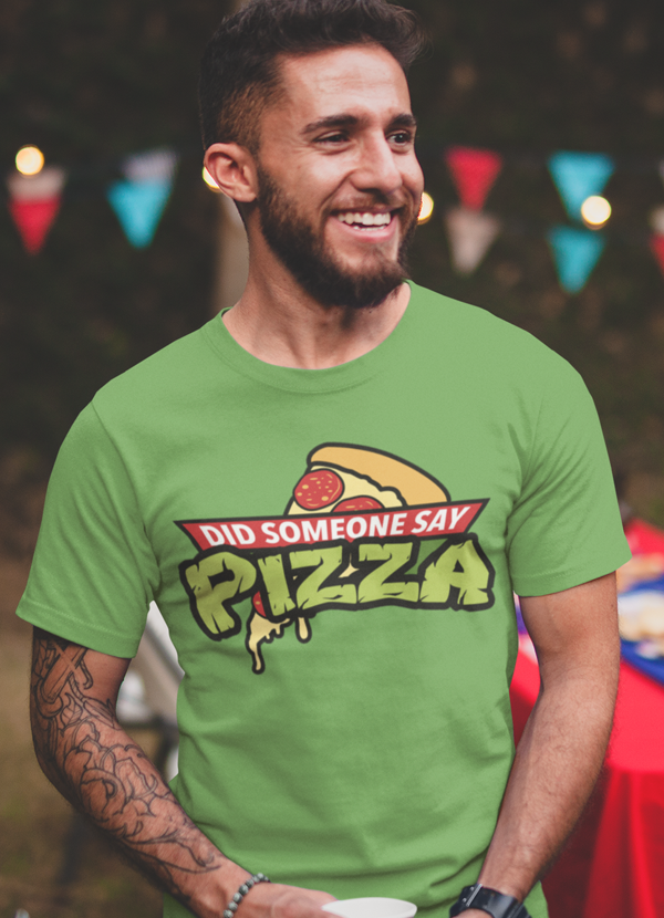 A stylish Did Someone Say Pizza T-shirt featuring a playful pizza-themed design, made from soft ringspun cotton for comfort.