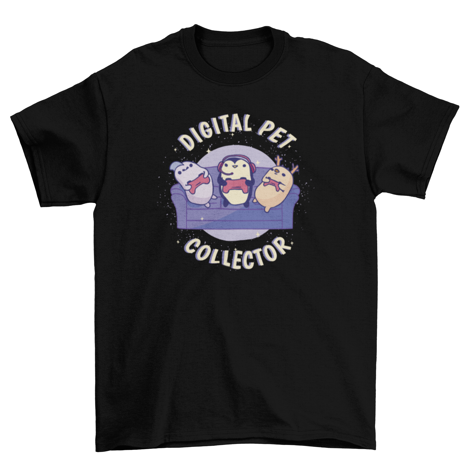 A stylish t-shirt featuring three pets playing video games on a couch with the quote 'Digital pet collector'.