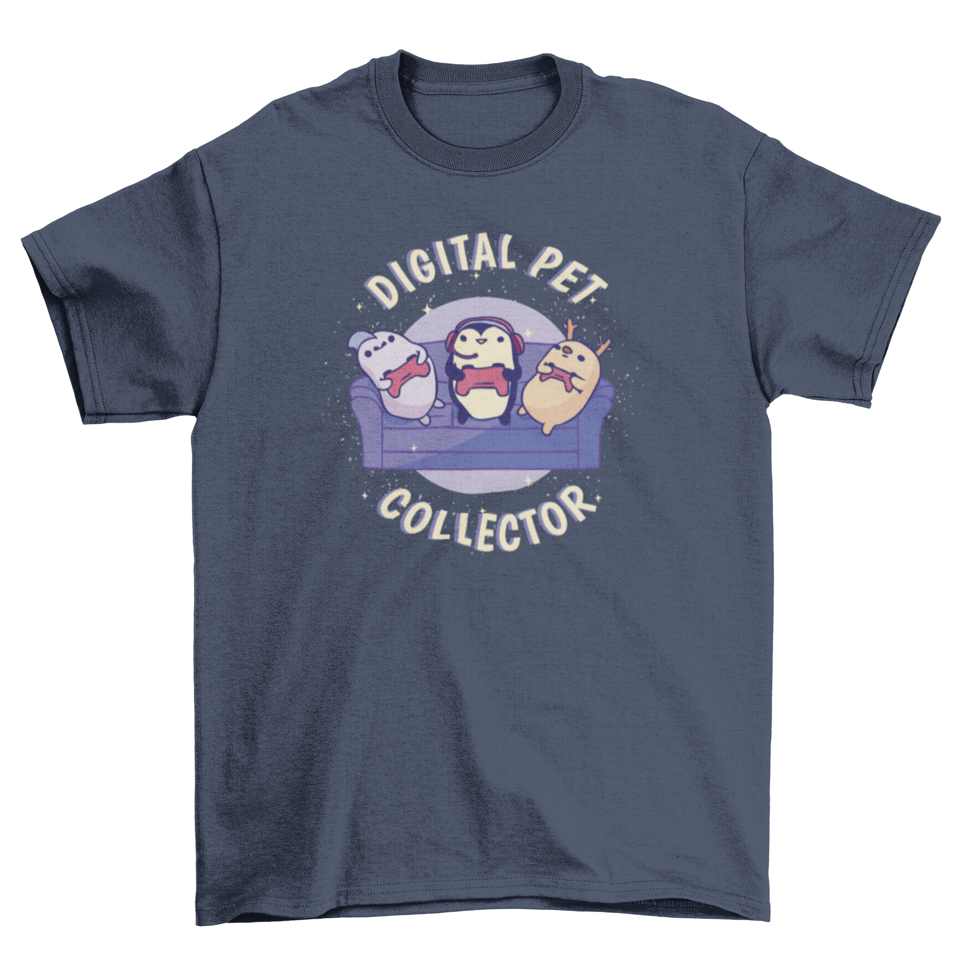 A stylish t-shirt featuring three pets playing video games on a couch with the quote 'Digital pet collector'.