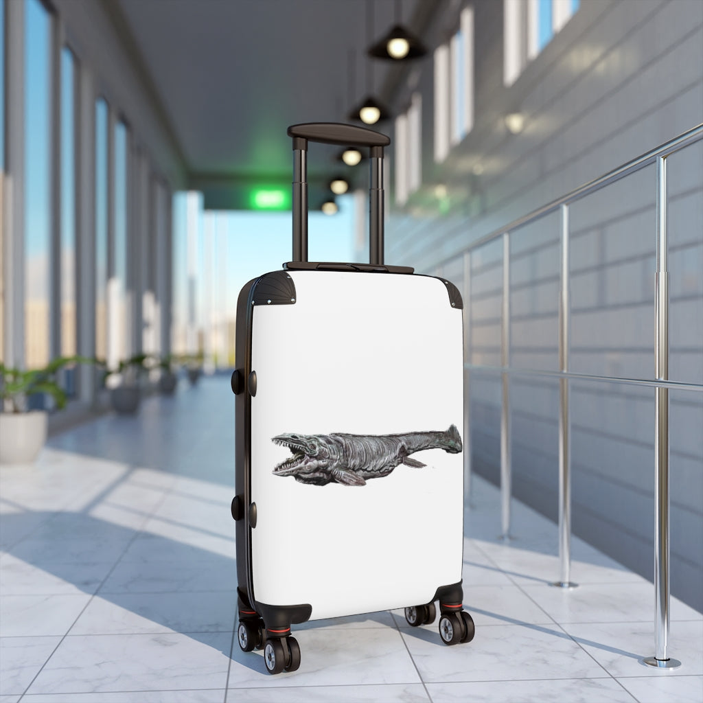 Dino Sea Creature Cabin Suitcase featuring a colorful design, adjustable handle, and durable hard-shell construction.