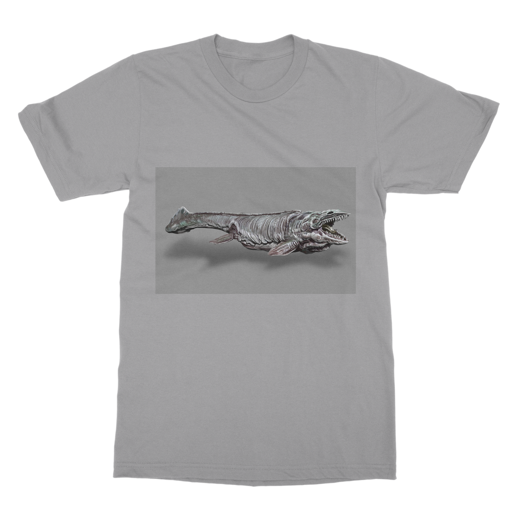 Dino Sea Creature Classic Adult T-Shirt featuring vibrant dinosaur and sea creature prints on a soft cotton fabric.