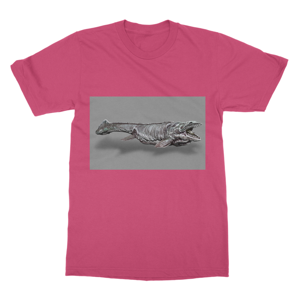 Dino Sea Creature Classic Adult T-Shirt featuring vibrant dinosaur and sea creature prints on a soft cotton fabric.