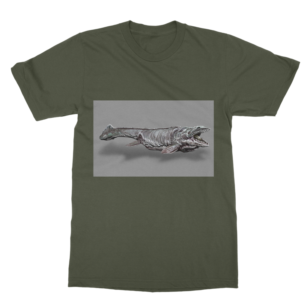 Dino Sea Creature Classic Adult T-Shirt featuring vibrant dinosaur and sea creature prints on a soft cotton fabric.